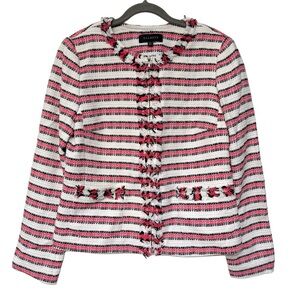 {Talbots} Stripes Front Zipper Tweed Fringe Blazer Suit Coat Jacket Outerwear